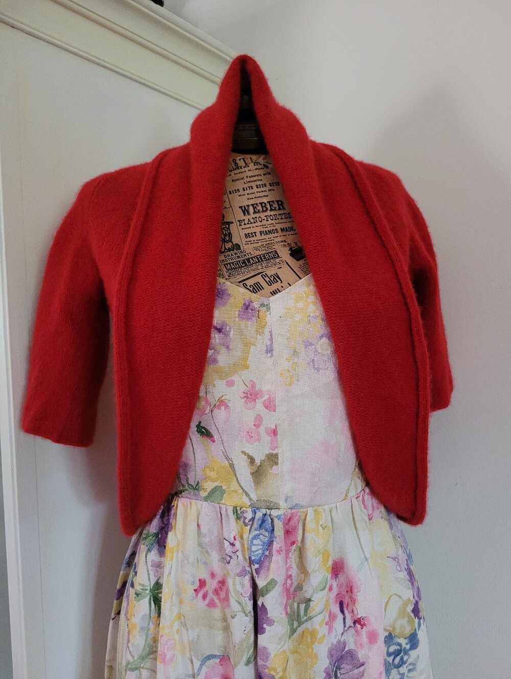 Neiman Marcus Cashmere Red Short Sleeve Open Shrug Cardigan